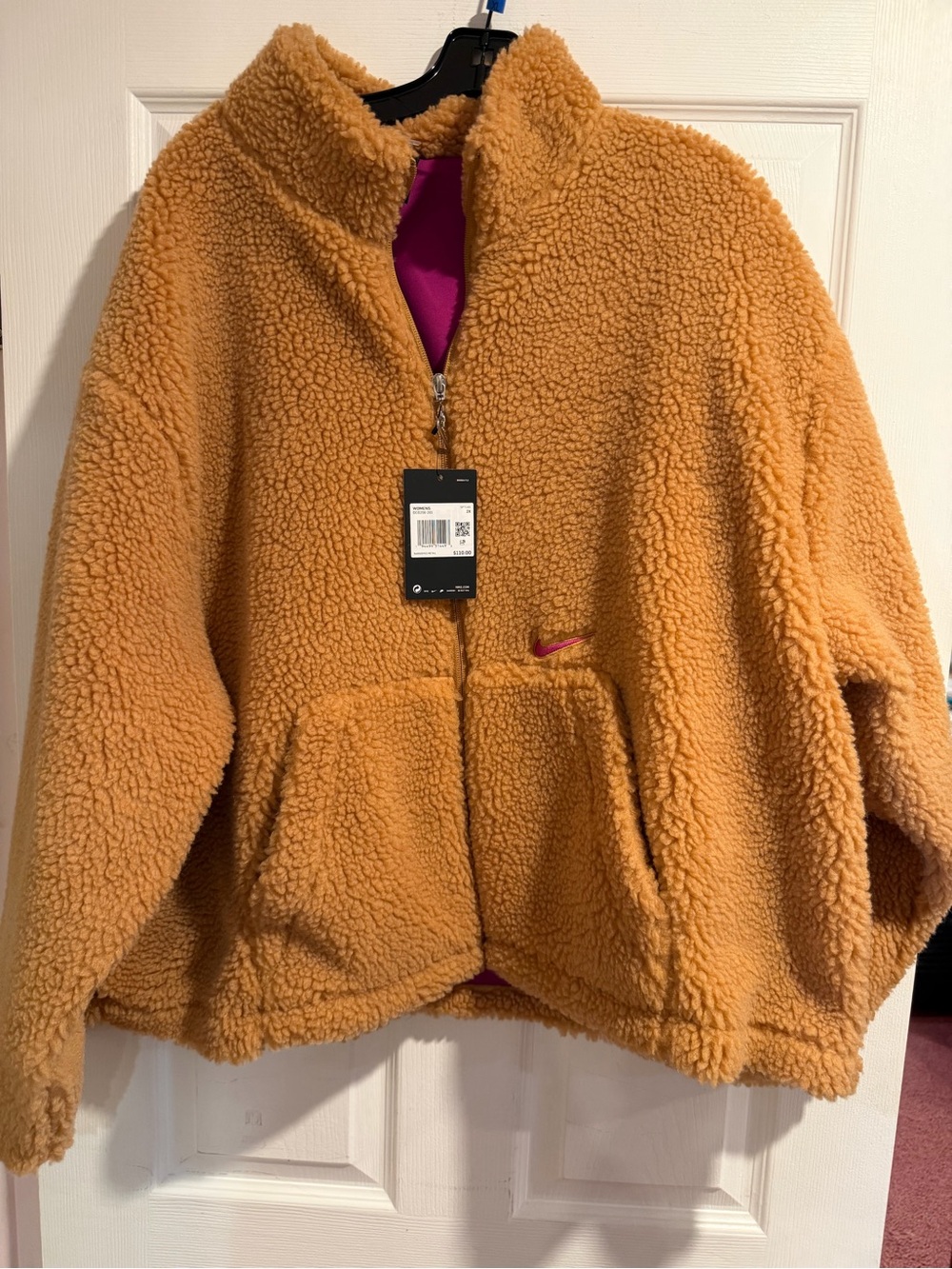Nike Women Sherpa Fleece Jacket - Tan with Pink Accent